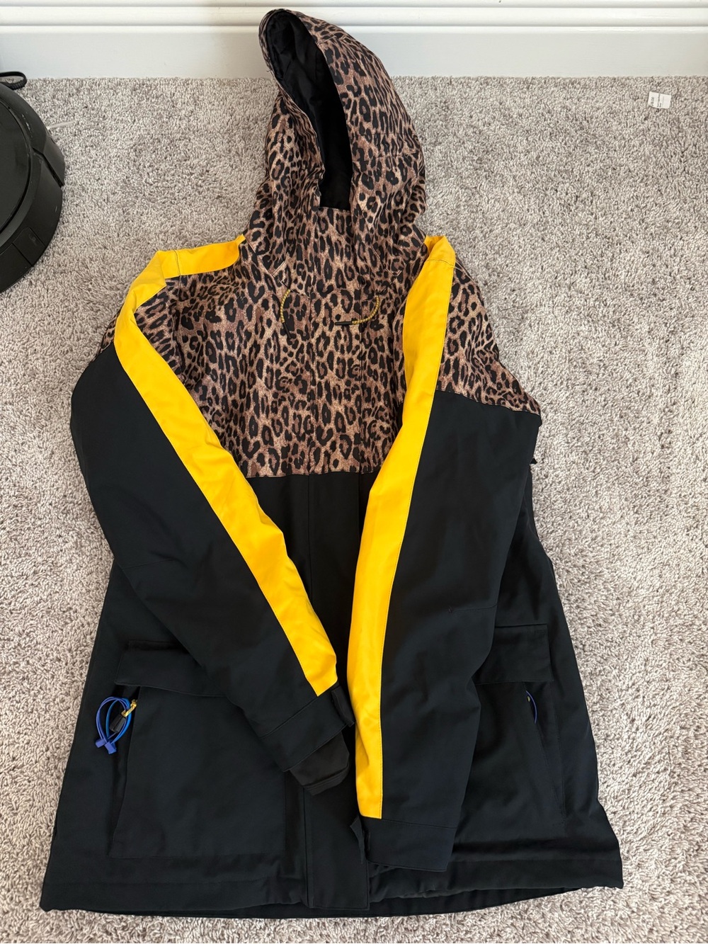 DC Women's Black Jacket with Leopard Hood and Yellow Stripes